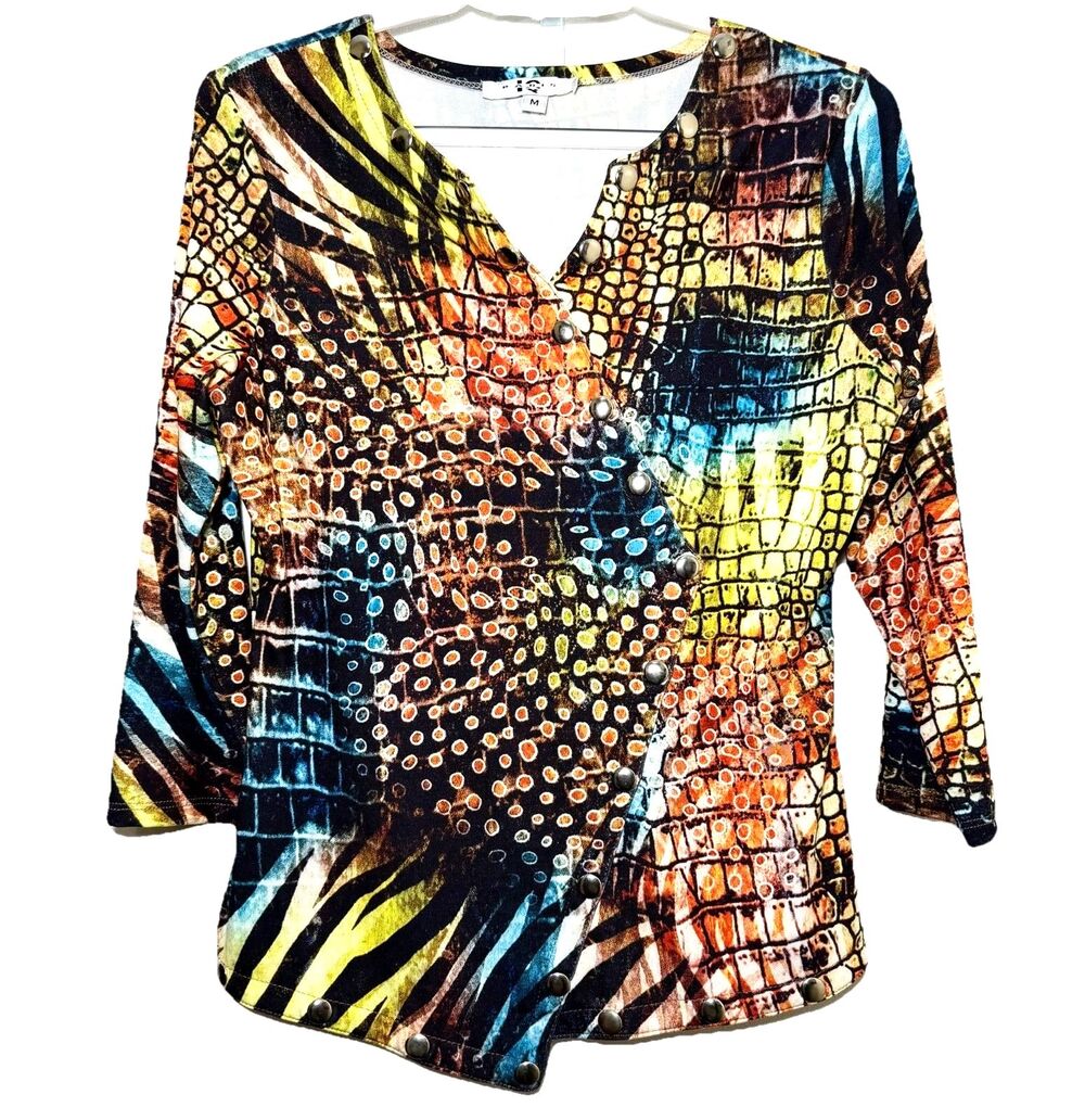 IQ Paris Womens Medium Studded Animal Print Top Asymmetrical 3/4 Sleeve